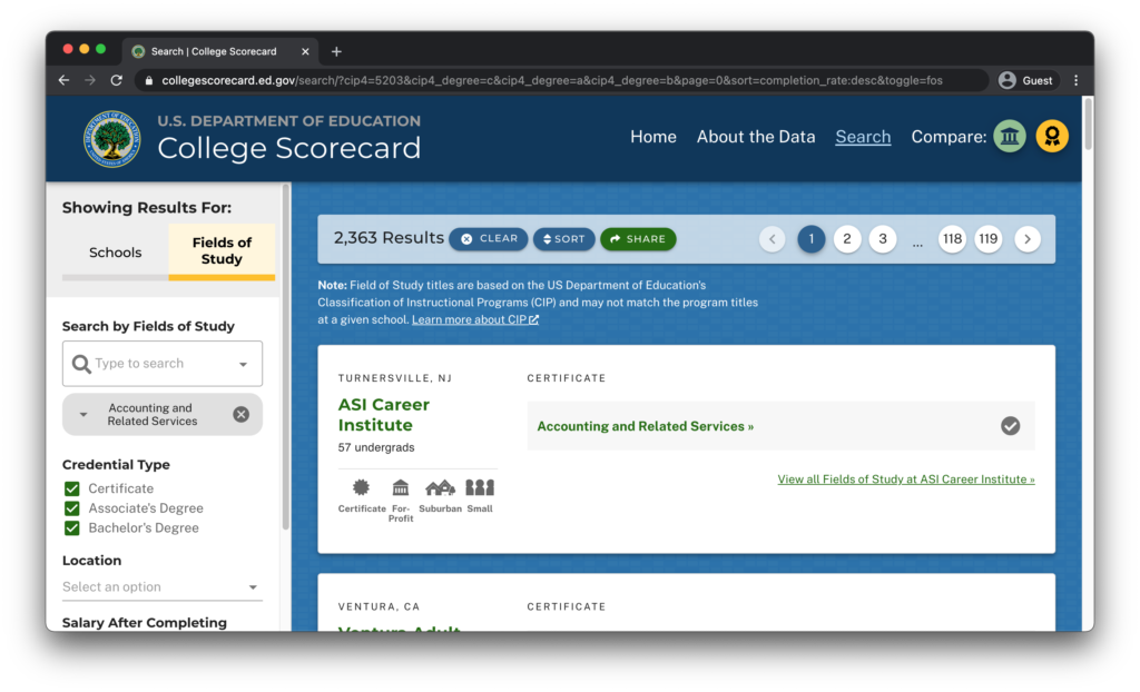 College Scorecard Screen 2